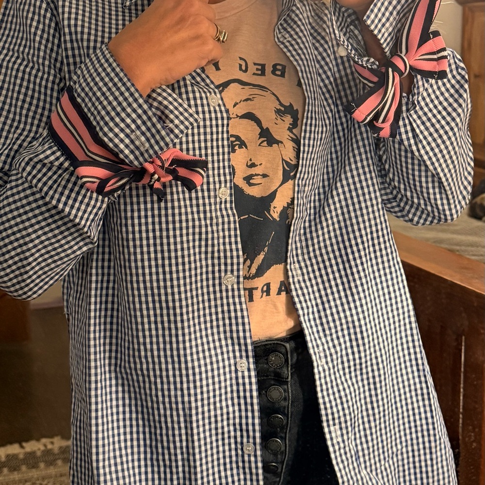 Checkered blue & white Button-Up Shirt with Pink Accents bows